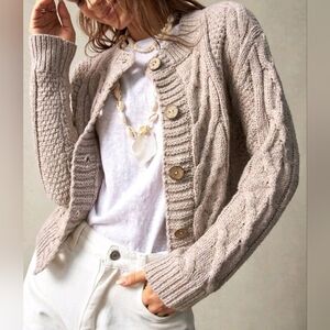 New Chic Mixed Cable Knit Button Down Cardigan Sweater Beige Tan